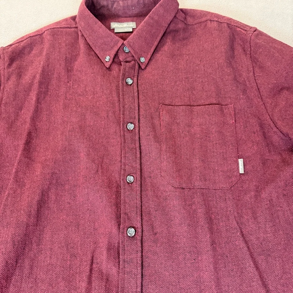 Eddie Bauer Men’s Burgundy Herringbone Long Sleeve Button Up Shirt- XXL - Picture 2 of 7
